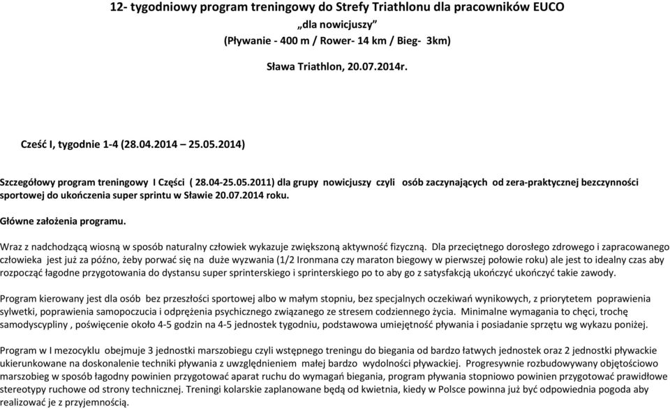 07.2014 roku. Główne założenia programu. Wraz z nadchodzącą wiosną w sposób naturalny człowiek wykazuje zwiększoną aktywność fizyczną.