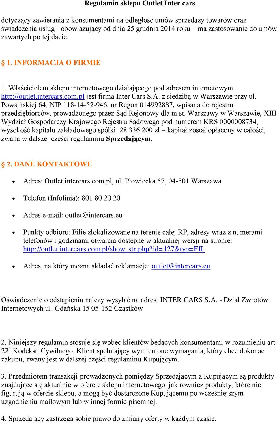Regulamin sklepu Outlet Inter cars - PDF Darmowe pobieranie