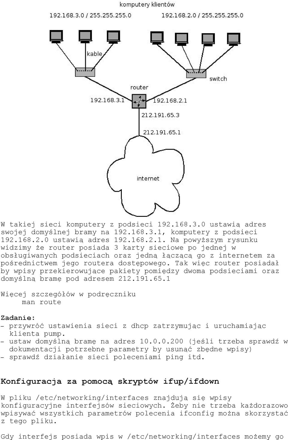 Tak więc router posiadał by wpisy przekierowujące pakiety pomiędzy dwoma podsieciami oraz domyślną bramę pod adresem 212.191.65.