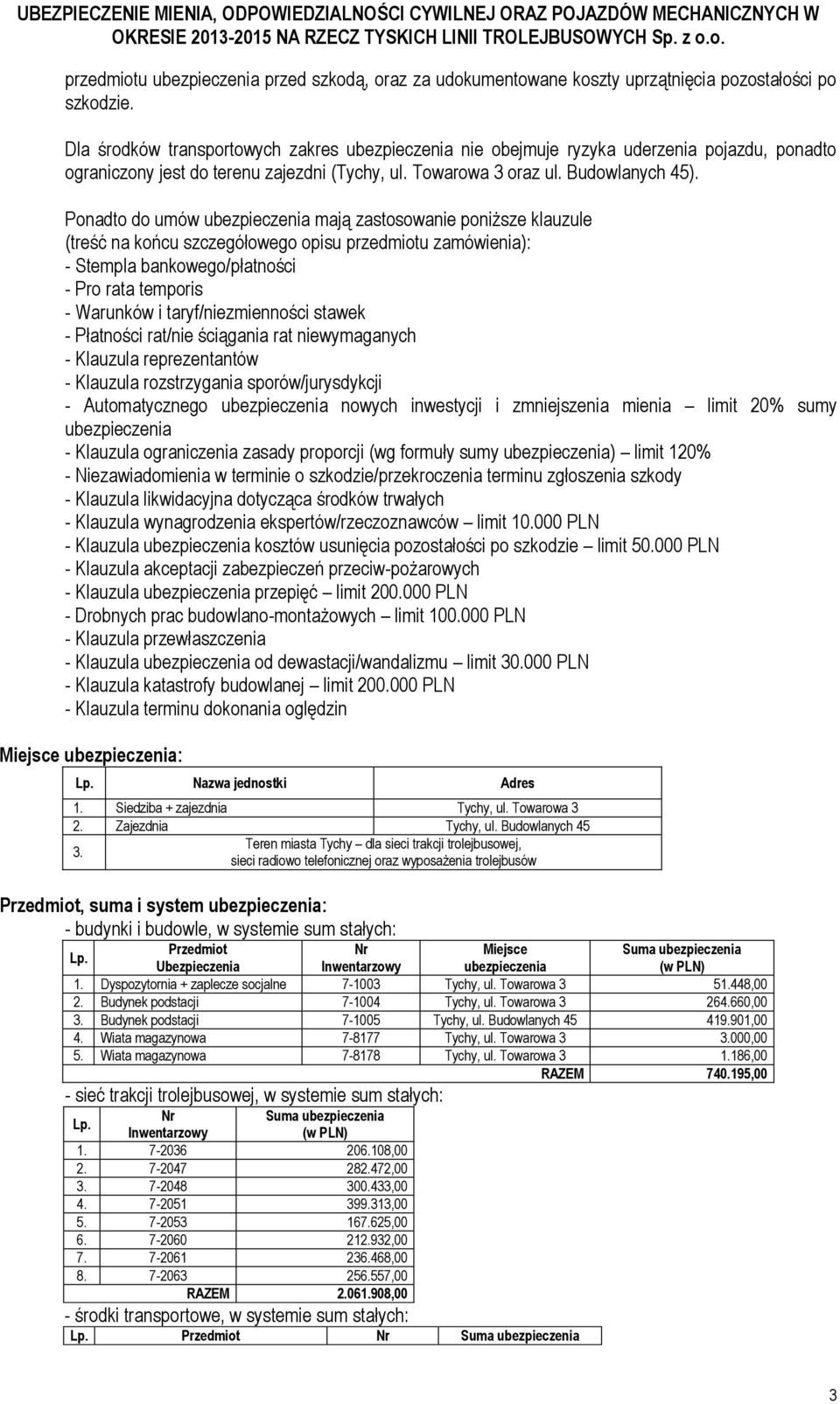 Ponadto do umów ubezpieczenia mają zastosowanie poniższe klauzule (treść na końcu szczegółowego opisu przedmiotu zamówienia): - Stempla bankowego/płatności - Pro rata temporis - Warunków i