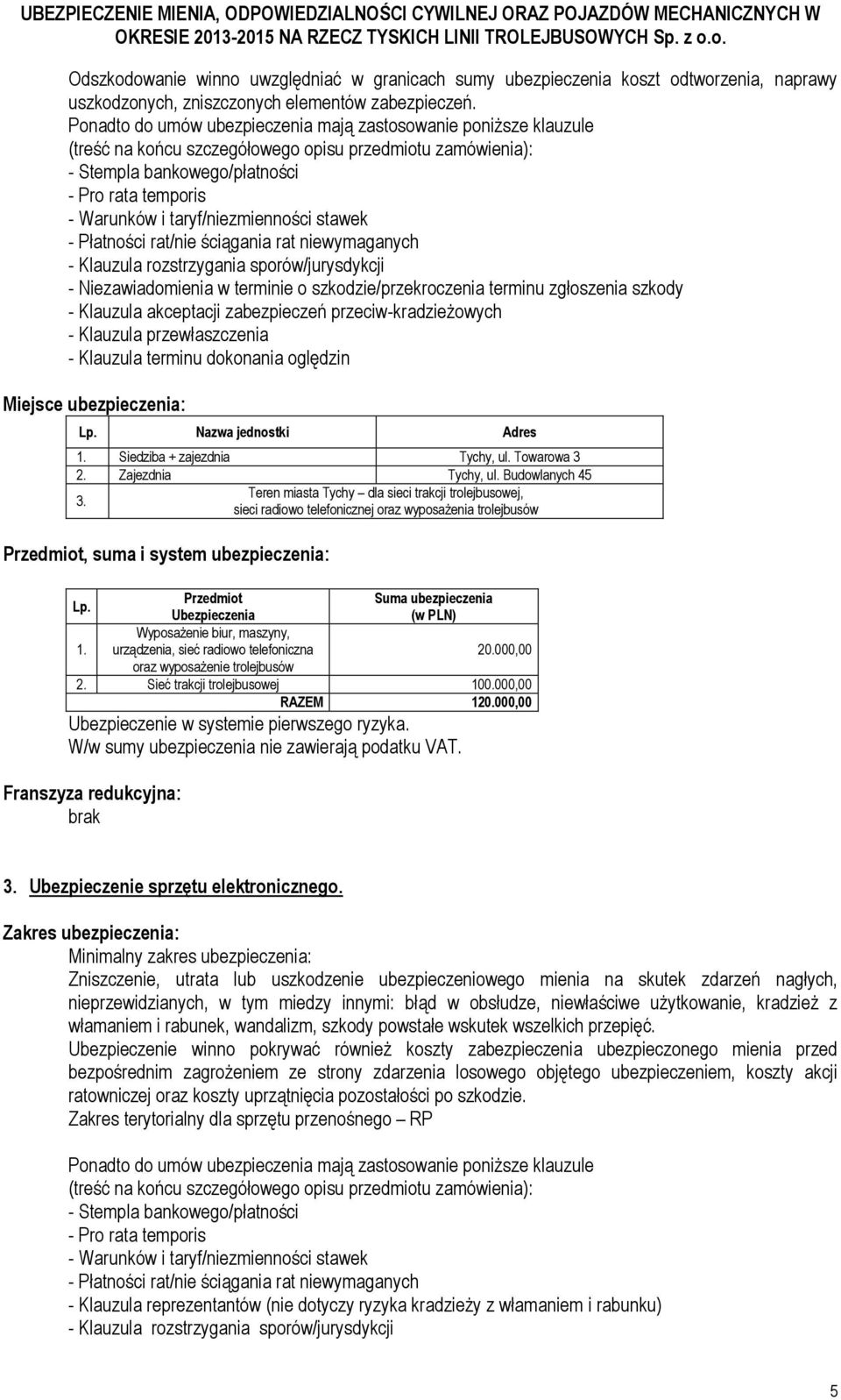 taryf/niezmienności stawek - Płatności rat/nie ściągania rat niewymaganych - Klauzula rozstrzygania sporów/jurysdykcji - Niezawiadomienia w terminie o szkodzie/przekroczenia terminu zgłoszenia szkody