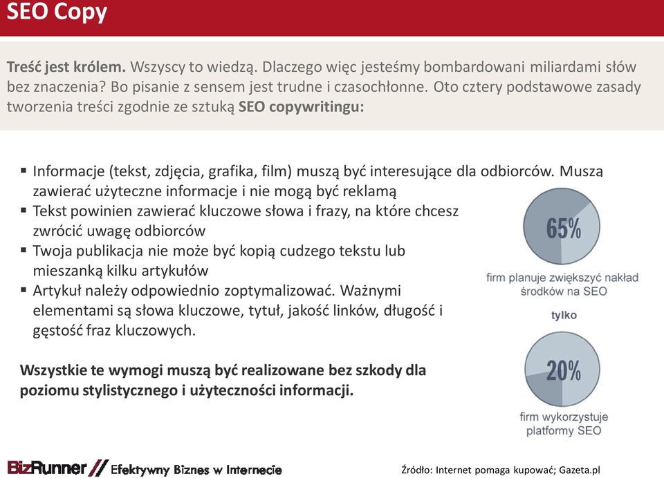 Muszą zawierać użyteczne informacje i nie mogą być reklamą Tekst powinien zawierać kluczowe słowa i frazy, na które chcesz zwrócić uwagę odbiorców Twoja publikacja nie może być kopią cudzego tekstu