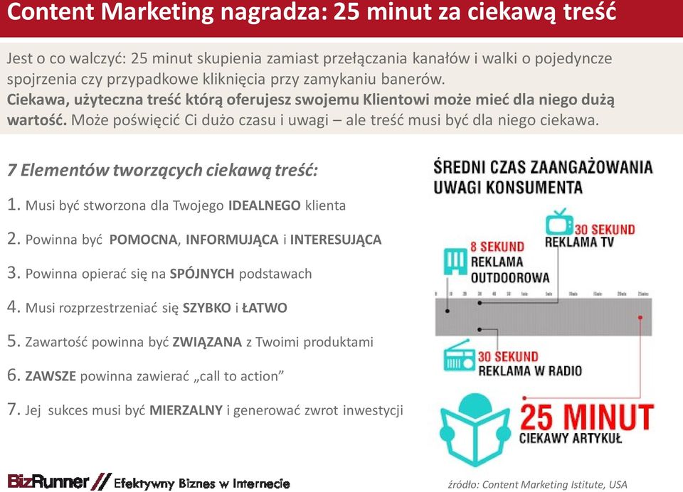 7 Elementów tworzących ciekawą treść: 1. Musi być stworzona dla Twojego IDEALNEGO klienta 2. Powinna być POMOCNA, INFORMUJĄCA i INTERESUJĄCA 3. Powinna opierać się na SPÓJNYCH podstawach 4.