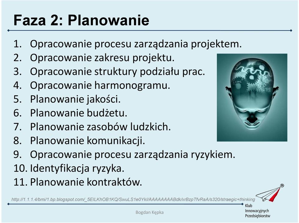 Planowanie zasobów ludzkich. 8. Planowanie komunikacji. 9. Opracowanie procesu zarządzania ryzykiem. 10.