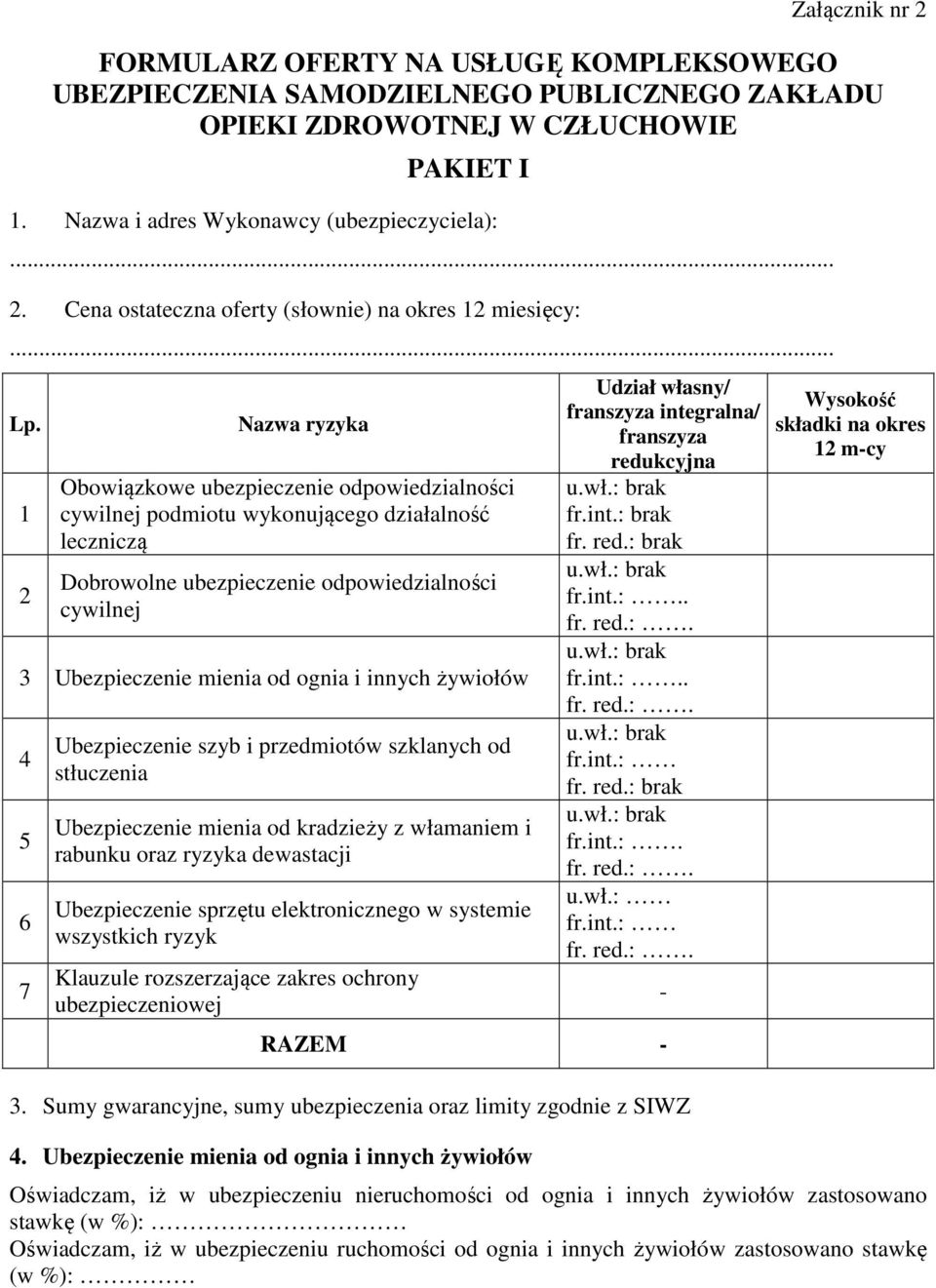 1 2 Nazwa ryzyka Obowiązkowe ubezpieczenie odpowiedzialności cywilnej podmiotu wykonującego działalność leczniczą Dobrowolne ubezpieczenie odpowiedzialności cywilnej 3 Ubezpieczenie mienia od ognia i