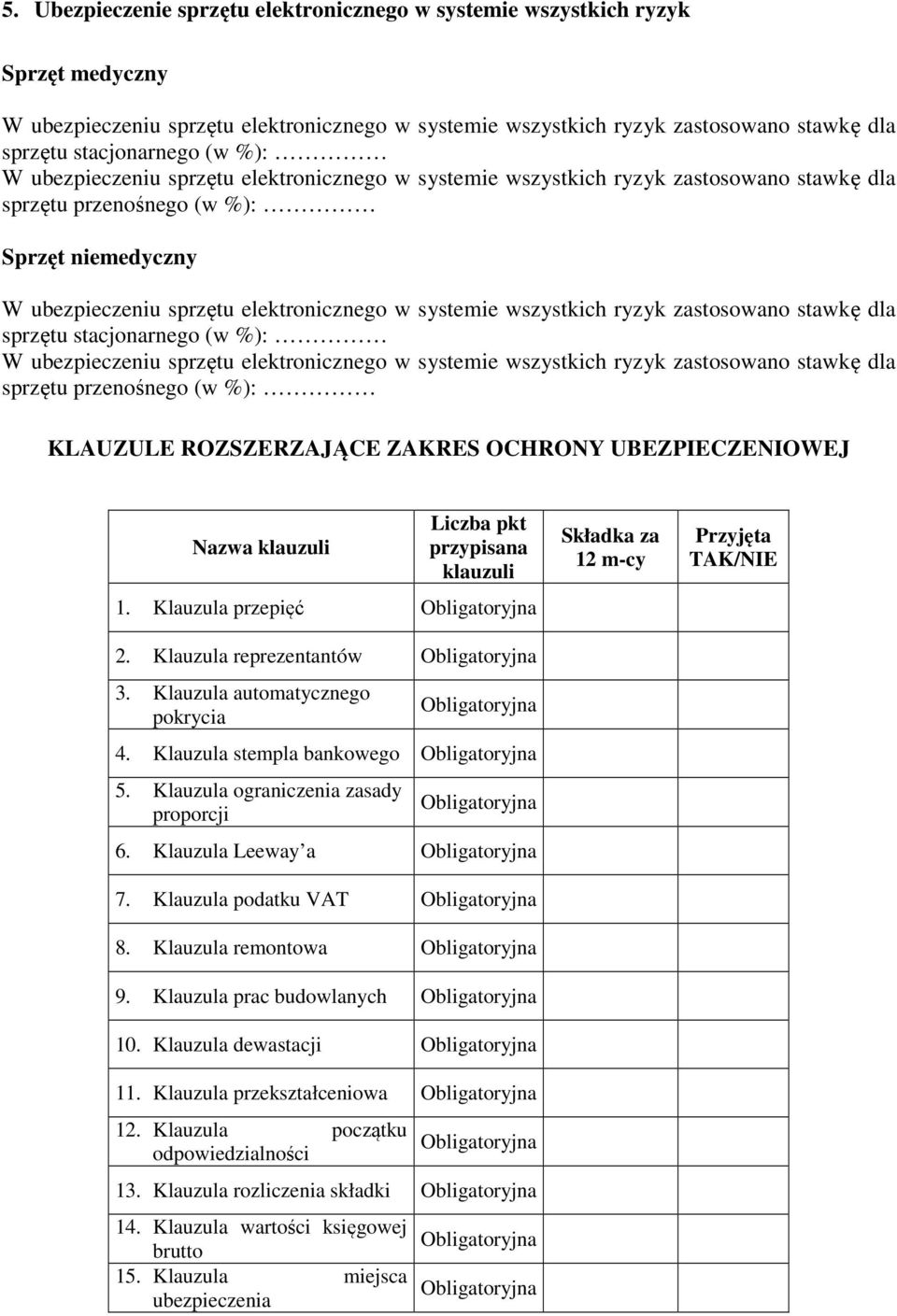 wszystkich ryzyk zastosowano stawkę dla sprzętu stacjonarnego (w %): W ubezpieczeniu sprzętu elektronicznego w systemie wszystkich ryzyk zastosowano stawkę dla sprzętu przenośnego (w %): KLAUZULE