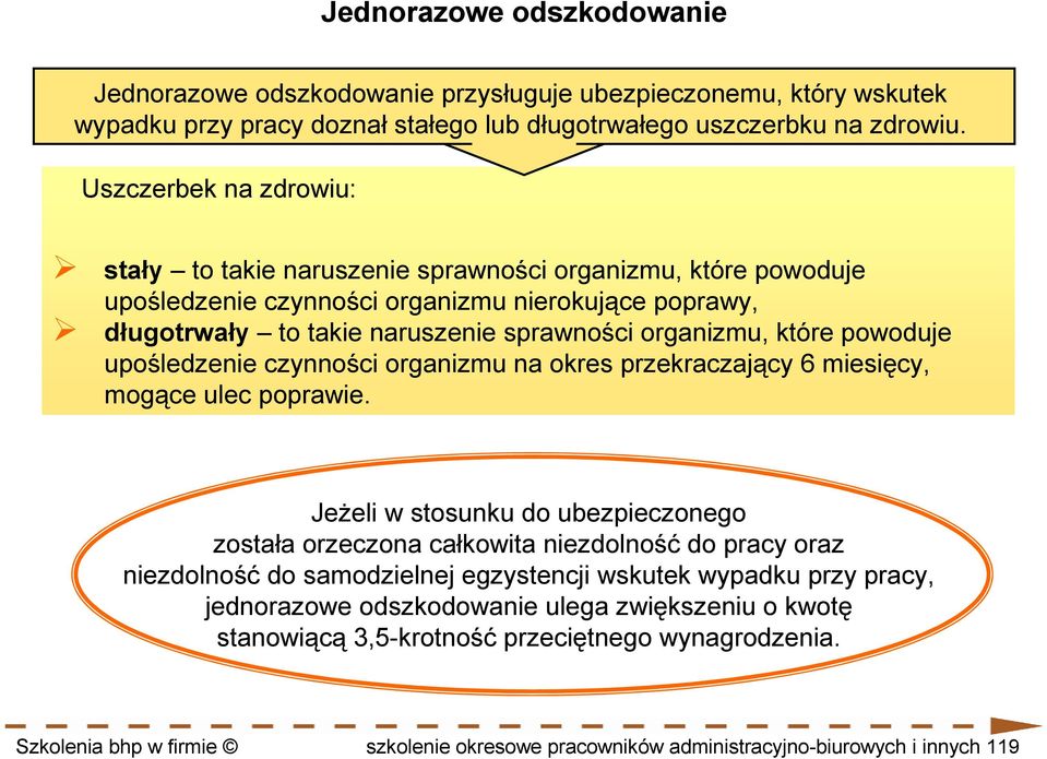 powoduje upośledzenie czynności organizmu na okres przekraczający 6 miesięcy, mogące ulec poprawie.