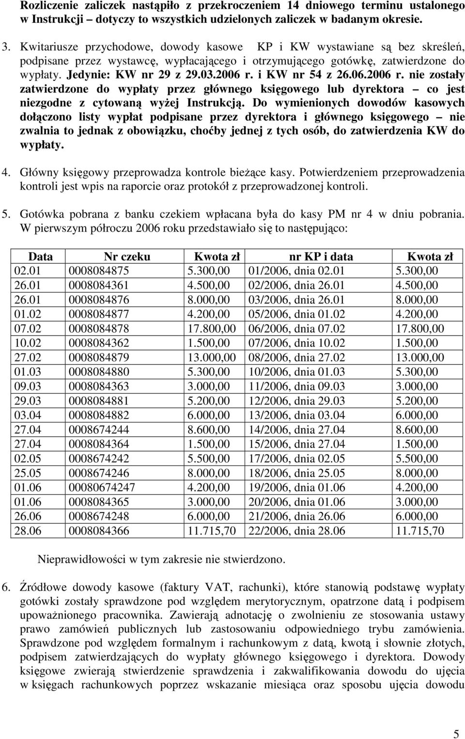 i KW nr 54 z 26.06.2006 r. nie zostały zatwierdzone do wypłaty przez głównego księgowego lub dyrektora co jest niezgodne z cytowaną wyŝej Instrukcją.