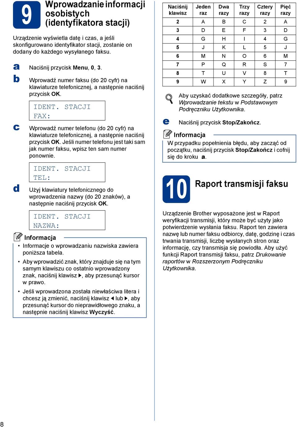 Jeśli numer telefonu jest tki sm jk numer fksu, wpisz ten sm numer ponownie. IDENT. STACJI TEL: Użyj klwitury telefoniznego o wprowzeni nzwy (o 20 znków), nstępnie niśnij przyisk OK. IDENT. STACJI NAZWA: Informje o wprowzniu nzwisk zwier poniższ tel.