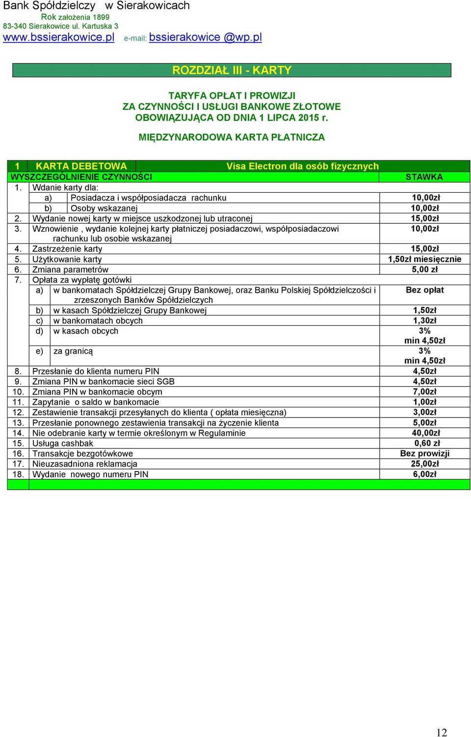 Wznowienie, wydanie kolejnej karty płatniczej posiadaczowi, współposiadaczowi 10,00zł rachunku lub osobie wskazanej 4. Zastrzeżenie karty 15,00zł 5. Użytkowanie karty 1,50zł miesięcznie 6.