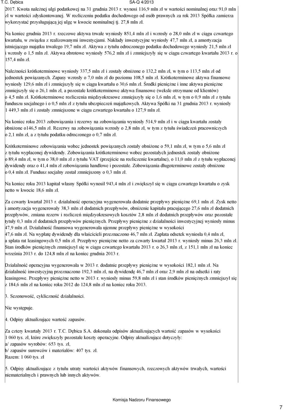 rzeczowe aktywa trwałe wyniosły 851,4 mln zł i wzrosły o 28,0 mln zł w ciągu czwartego kwartału, w związku z realizowanymi inwestycjami.