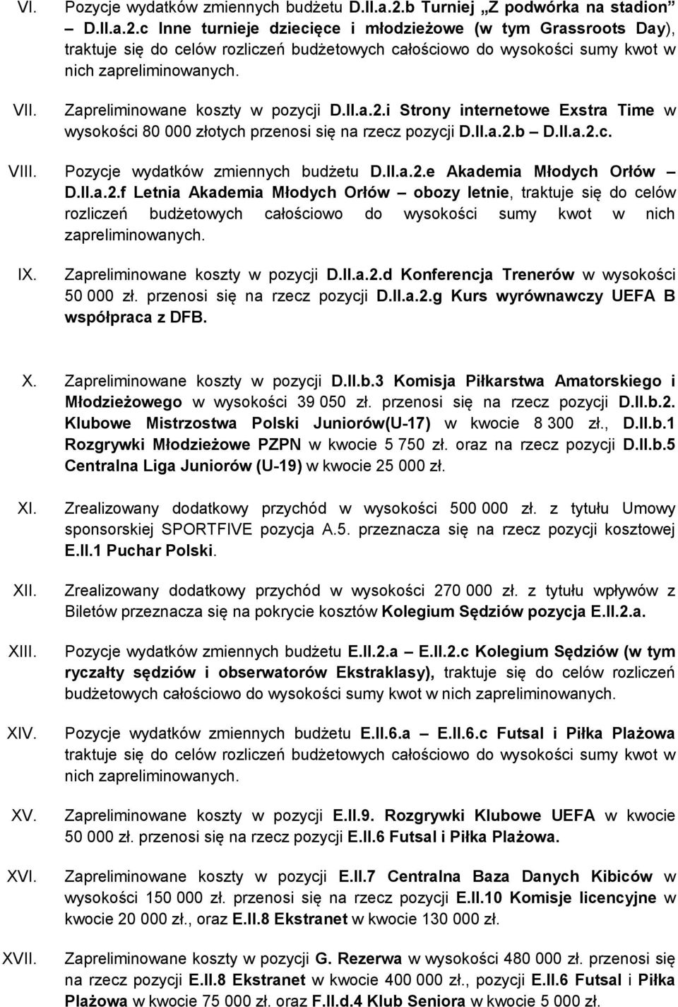 c Inne turnieje dziecięce i młodzieżowe (w tym Grassroots Day), traktuje się do celów rozliczeń budżetowych całościowo do wysokości sumy kwot w nich zapreliminowanych.