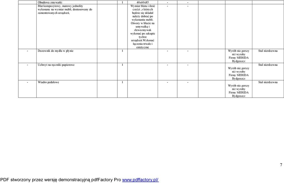 wykonać łączenia trwałe i estetyczne - Dozownik do mydła w płynie 1 - - Wyrób nie gorszy niż wyroby Firmy MERIDA Bydgoszcz - Uchwyt na ręczniki papierowe 1 - -