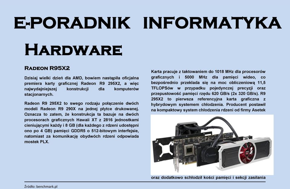 Oznacza to zatem, że konstrukcja ta bazuje na dwóch procesorach graficznych Hawaii XT z 2816 jednostkami cieniującymi każdy i 8 GB (dla każdego z rdzeni udostępni ono po 4 GB) pamięci GDDR5 o