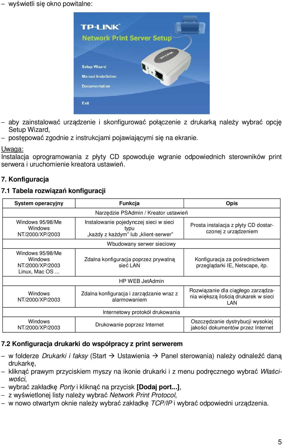 1 Tabela rozwiązań konfiguracji System operacyjny Funkcja Opis Windows 95/98/Me Windows NT/2000/XP/2003 Windows 95/98/Me Windows NT/2000/XP/2003 Linux, Mac OS.