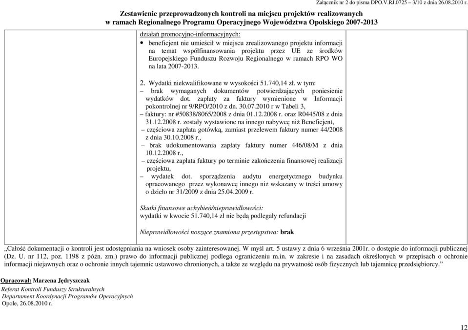 zapłaty za faktury wymienione w Informacji pokontrolnej nr 9/RPO/2010 z dn. 30.07.2010 r w Tabeli 3, faktury: nr #50838/8065/2008 z dnia 01.12.2008 r.