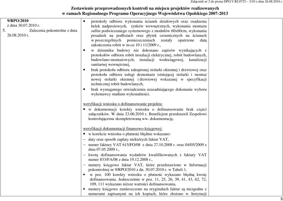Zestawienie przeprowadzonych kontroli na miejscu projektów realizowanych protokoły odbioru wykonania ścianek działowych oraz osadzenia belek nadproŝowych, tynków wewnętrznych, wykonania montaŝu