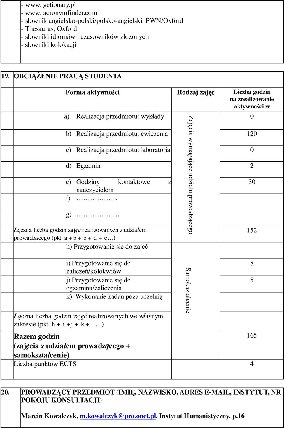 przedmiotu: ćwiczenia 120 c) Realizacja przedmiotu: laboratoria 0 d) Egzamin 2 e) Godziny kontaktowe z nauczycielem f) g). Łączna liczba godzin zajęć realizowanych z udziałem prowadzącego (pkt.