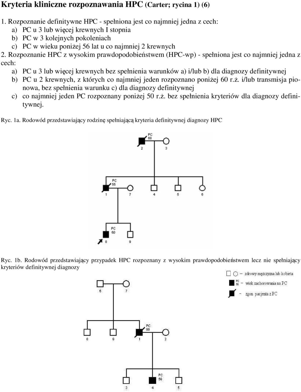 Rozpoznanie HPC z wysokim prawdopodobieństwem (HPC-wp) - spełniona jest co najmniej jedna z cech: a) PC u 3 lub więcej krewnych bez spełnienia warunków a) i/lub b) dla diagnozy definitywnej b) PC u 2