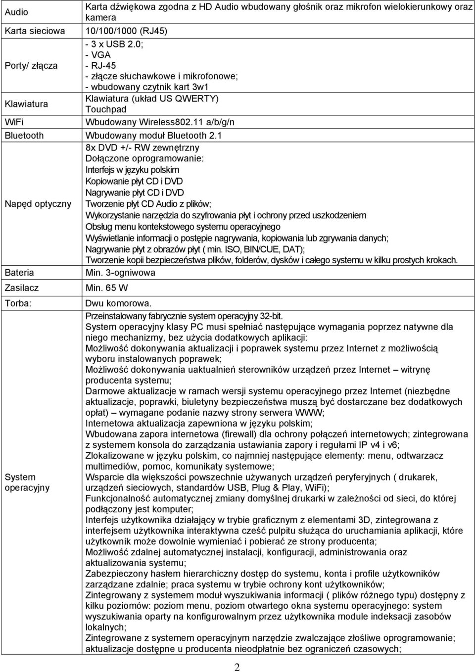 11 a/b/g/n Bluetooth Wbudowany moduł Bluetooth 2.