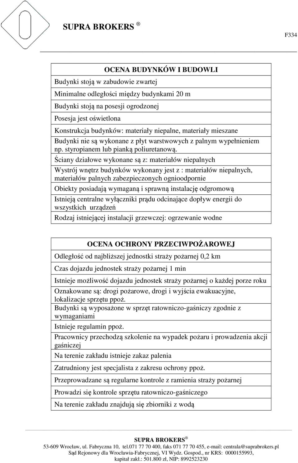 Ściany działowe wykonane są z: materiałów niepalnych Wystrój wnętrz budynków wykonany jest z : materiałów niepalnych, materiałów palnych zabezpieczonych ognioodpornie Obiekty posiadają wymaganą i