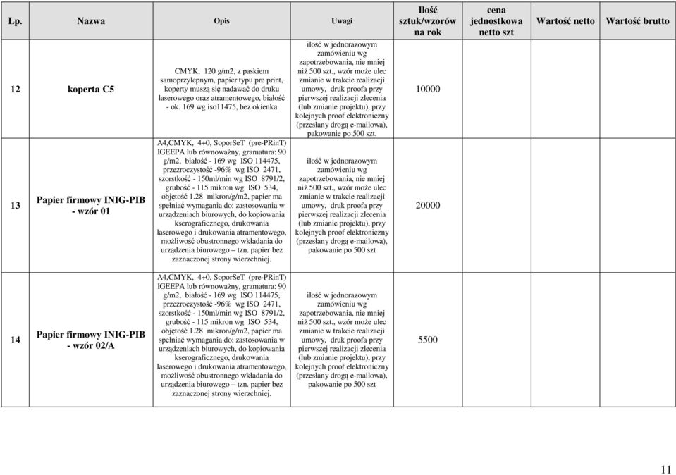 169 wg iso11475, bez okienka A4,CMYK, 4+0, SoporSeT (pre-print) IGEEPA lub równoważny, gramatura: 90 g/m2, białość - 169 wg ISO 114475, przezroczystość -96% wg ISO 2471, szorstkość - 150ml/min wg ISO