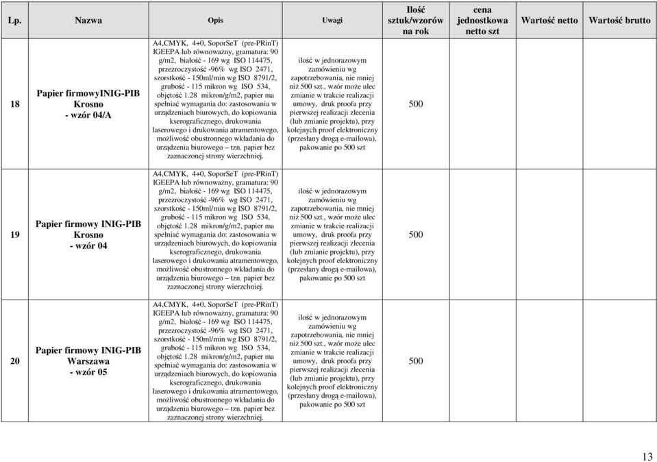 28 mikron/g/m2, papier ma spełniać wymagania do: zastosowania w urządzeniach biurowych, do kopiowania kserograficznego, drukowania laserowego i drukowania atramentowego, możliwość obustronnego