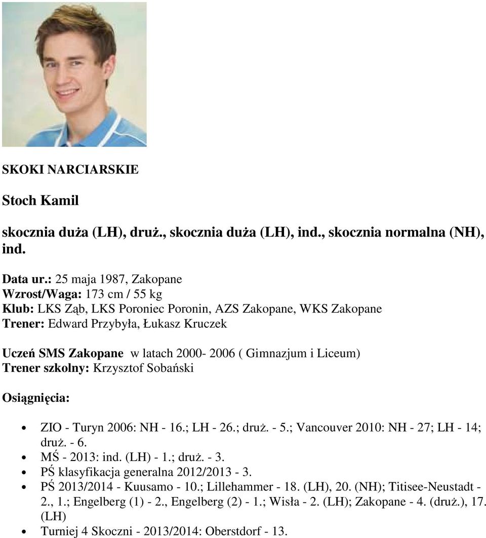 2000-2006 ( Gimnazjum i Liceum) Trener szkolny: Krzysztof Sobański ZIO - Turyn 2006: NH - 16.; LH - 26.; druż. - 5.; Vancouver 2010: NH - 27; LH - 14; druż. - 6. MŚ - 2013: ind. (LH) - 1.