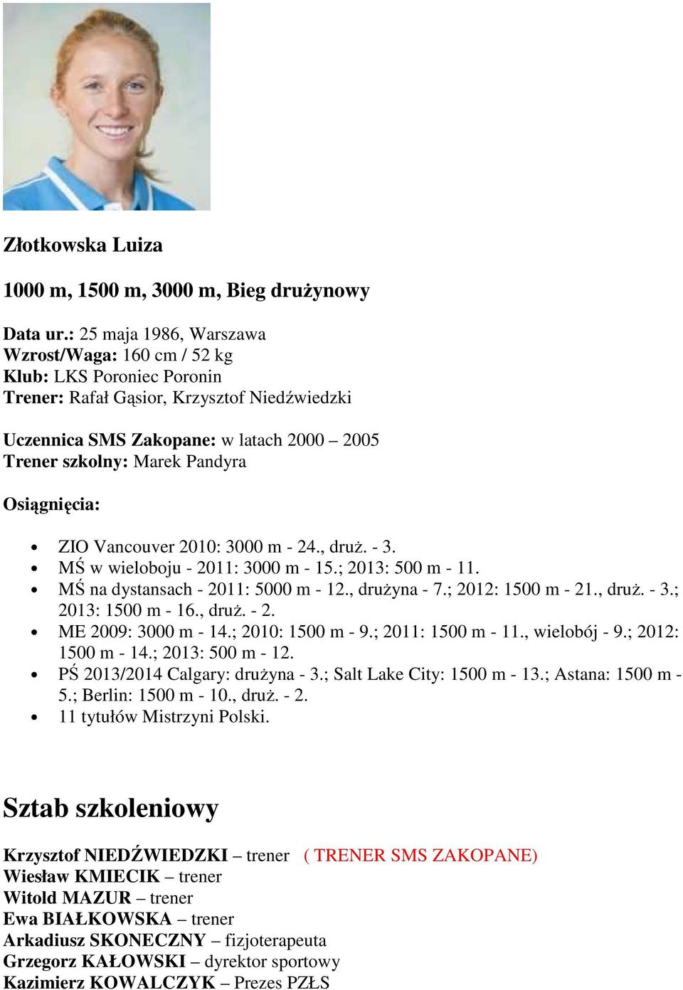 ZIO Vancouver 2010: 3000 m - 24., druż. - 3. MŚ w wieloboju - 2011: 3000 m - 15.; 2013: 500 m - 11. MŚ na dystansach - 2011: 5000 m - 12., drużyna - 7.; 2012: 1500 m - 21., druż. - 3.; 2013: 1500 m - 16.