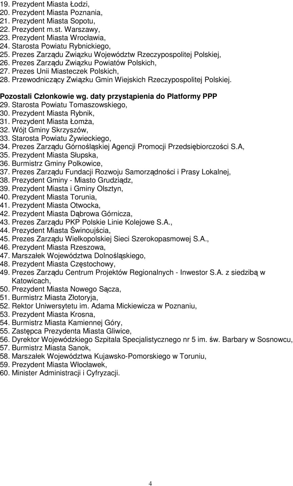 Przewodniczący Związku Gmin Wiejskich Rzeczypospolitej Polskiej. Pozostali Członkowie wg. daty przystąpienia do Platformy PPP 29. Starosta Powiatu Tomaszowskiego, 30. Prezydent Miasta Rybnik, 31.