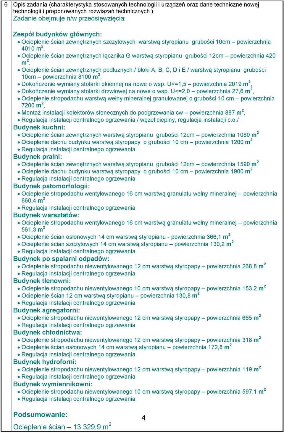 powierzchnia 420 m 2, Ocieplenie ścian zewnętrznych podłużnych / bloki A, B, C, D i E / warstwą styropianu grubości 10cm powierzchnia 8100 m 2, Dokończenie wymiany stolarki okiennej na nowe o wsp.