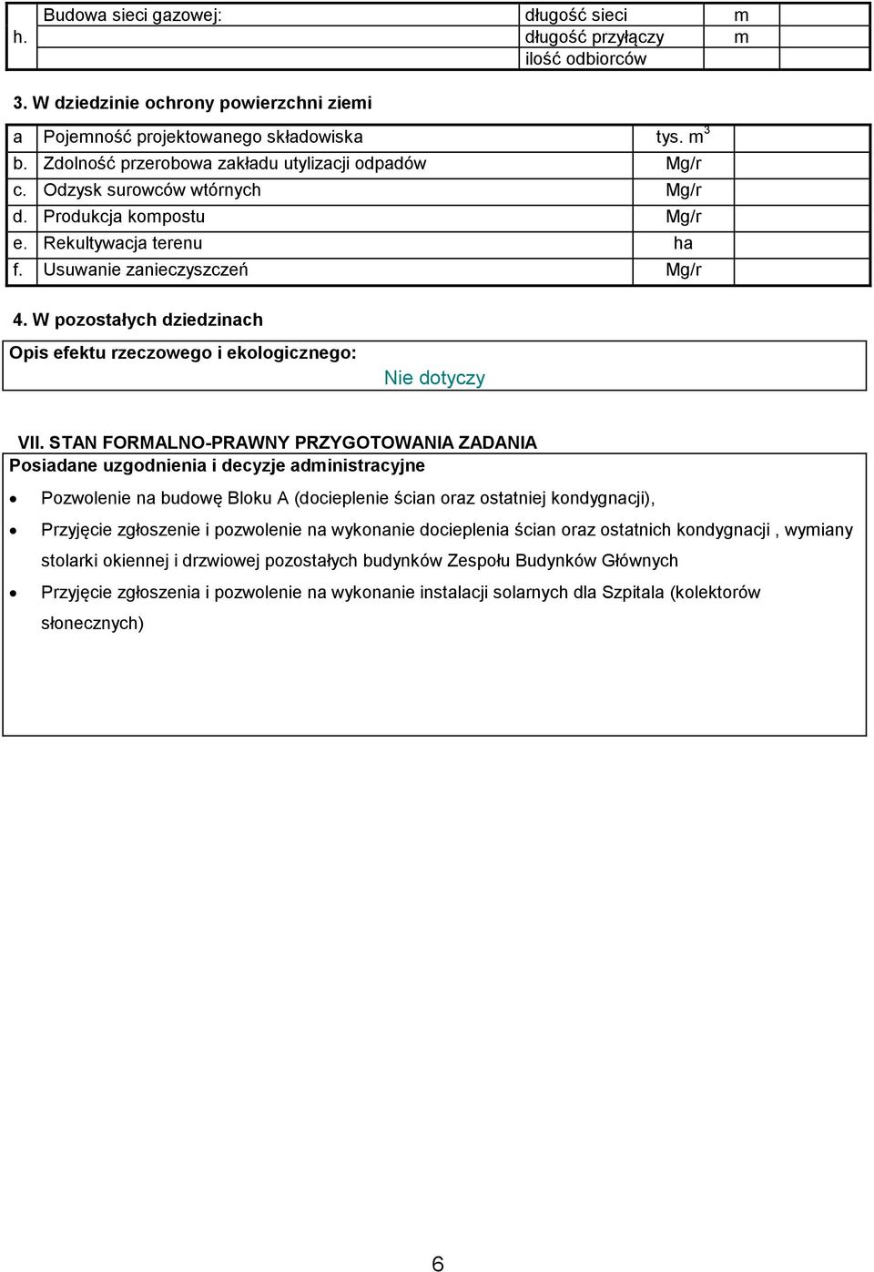 W pozostałych dziedzinach Opis efektu rzeczowego i ekologicznego: Nie dotyczy VII.