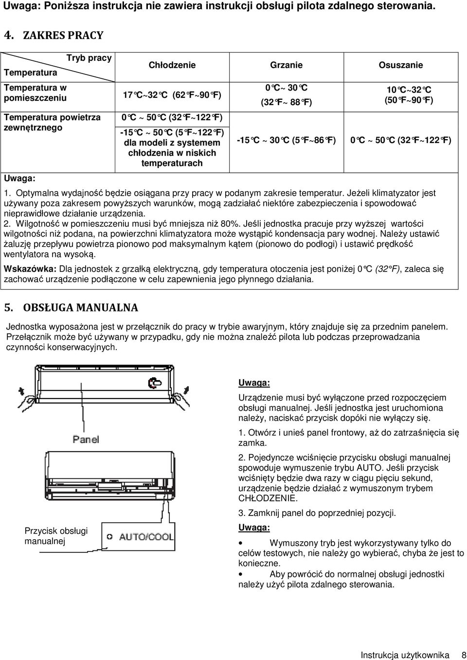F~122 F) dla modeli z systemem chłodzenia w niskich temperaturach 0 C~ 30 C (32 F~ 88 F) -15 C ~ 30 C (5 F~86 F) 10 C~32 C (50 F~90 F) 0 C ~ 50 C (32 F~122 F) 1.