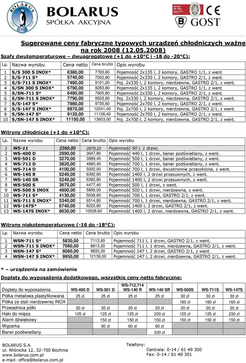 4 S/SN 300 S INOX* 6790,00 8283,80 Pojemność 2x135 l, 2 komory, GASTRO 1/1, z went 5 S/SN-711 S* 6480,00 7905,60 Pojemność 2x330 l, 2 komory, GASTRO 2/1, z went.