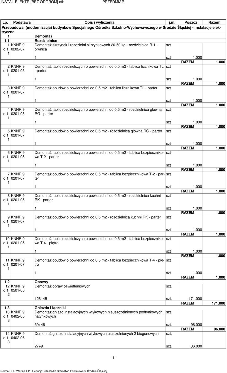 . 020-05 KNNR 9 d.. 020-07 Deontaż skrzynek i rozdzielni skrzynkowych 20-50 kg - rozdzielnica R- - piwnica.000 Deontaż tablic rozdzielczych o powierzchni do 0.5 2 - tablica licznikowa TL - parter.