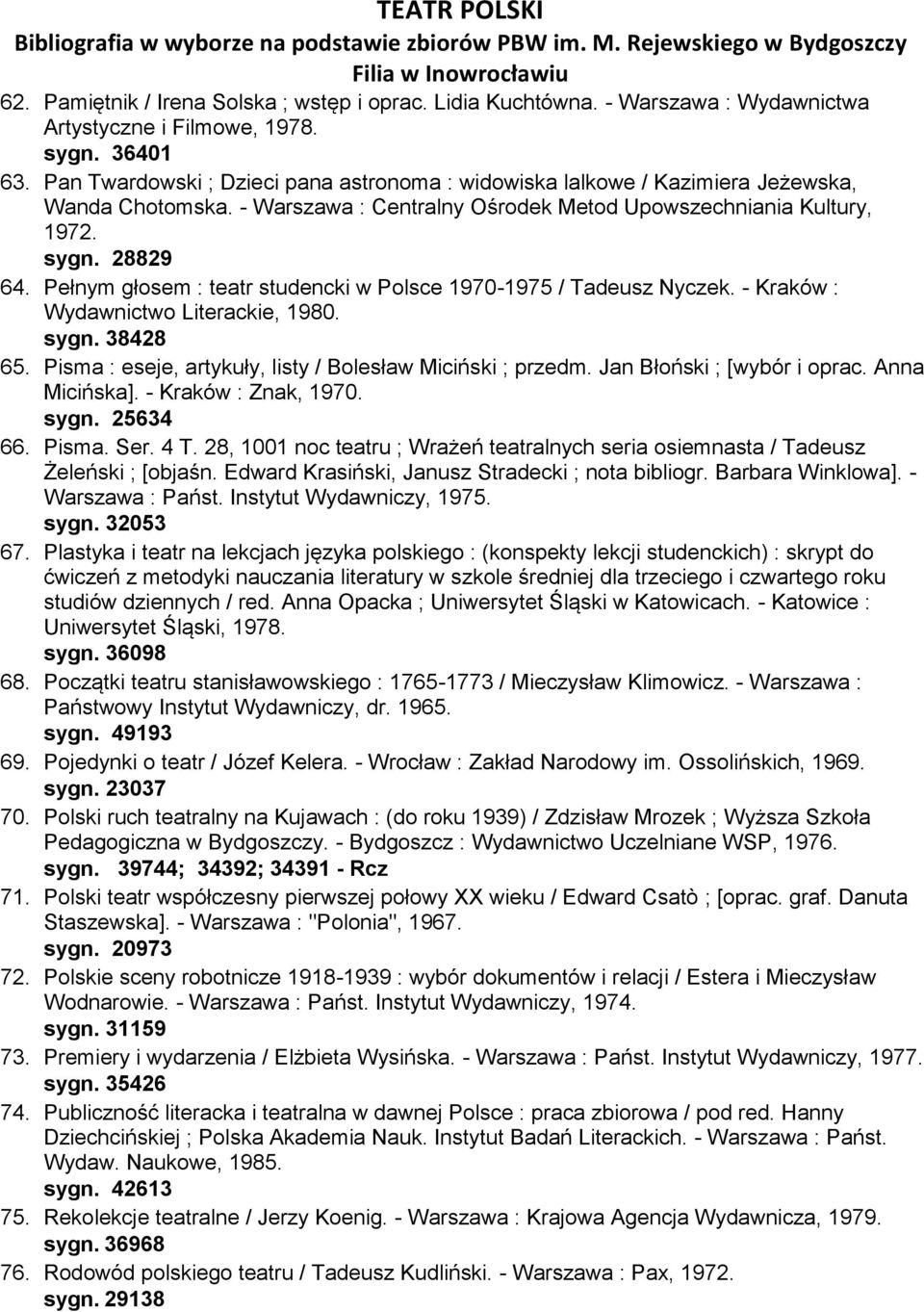 Pełnym głosem : teatr studencki w Polsce 1970-1975 / Tadeusz Nyczek. - Kraków : Wydawnictwo Literackie, 1980. sygn. 38428 65. Pisma : eseje, artykuły, listy / Bolesław Miciński ; przedm.