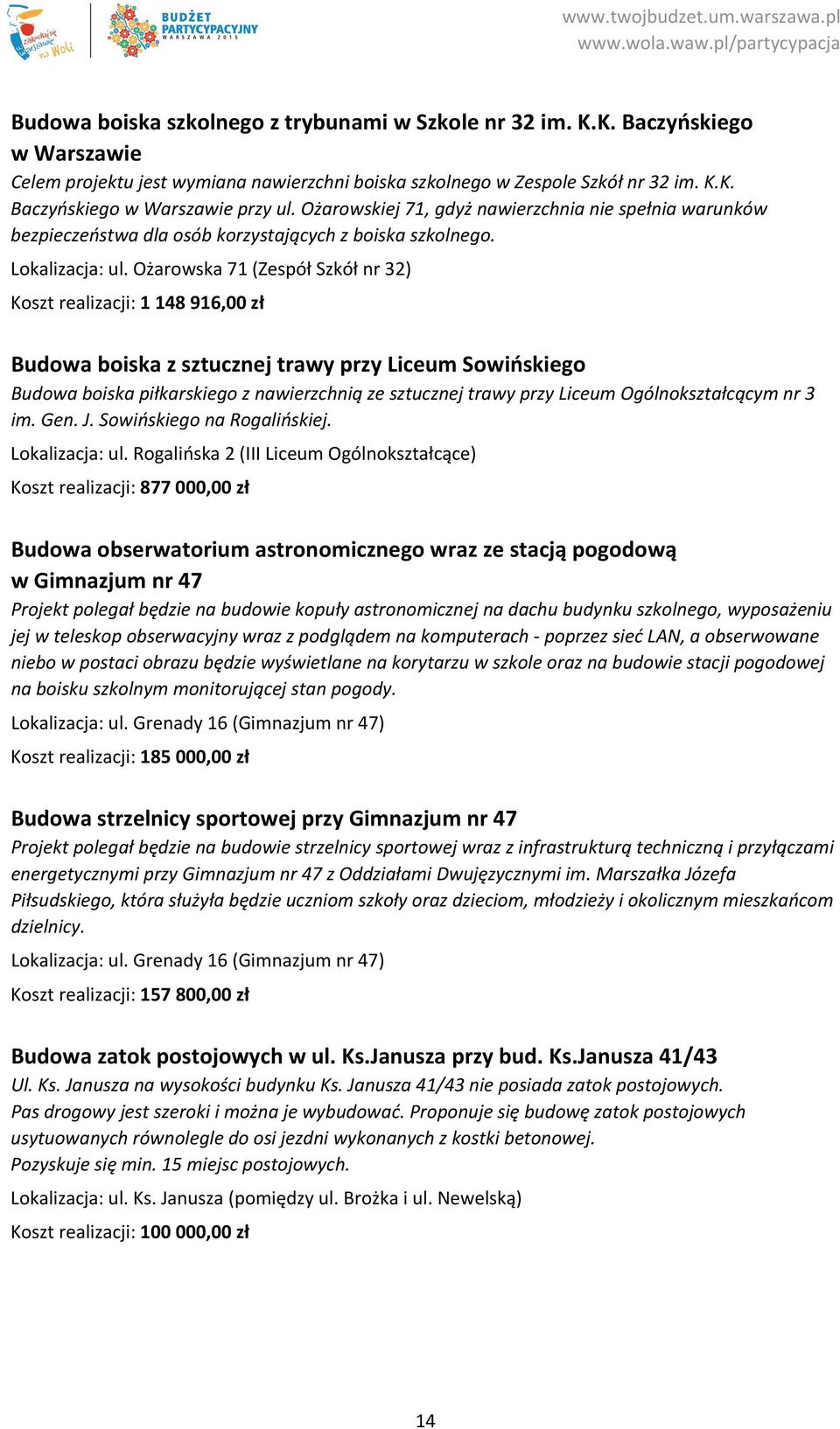 Ożarowska 71 (Zespół Szkół nr 32) Koszt realizacji: 1 148 916,00 zł Budowa boiska z sztucznej trawy przy Liceum Sowińskiego Budowa boiska piłkarskiego z nawierzchnią ze sztucznej trawy przy Liceum