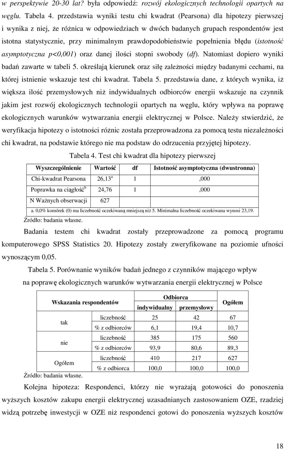 prawdopodobieństwie popełnienia błędu (istotność asymptotyczna p<0,001) oraz danej ilości stopni swobody (df). Natomiast dopiero wyniki badań zawarte w tabeli 5.