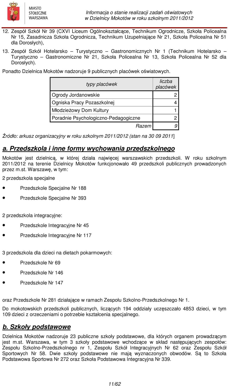 Ponadto Dzielnica Mokotów nadzoruje 9 publicznych placówek oświatowych.