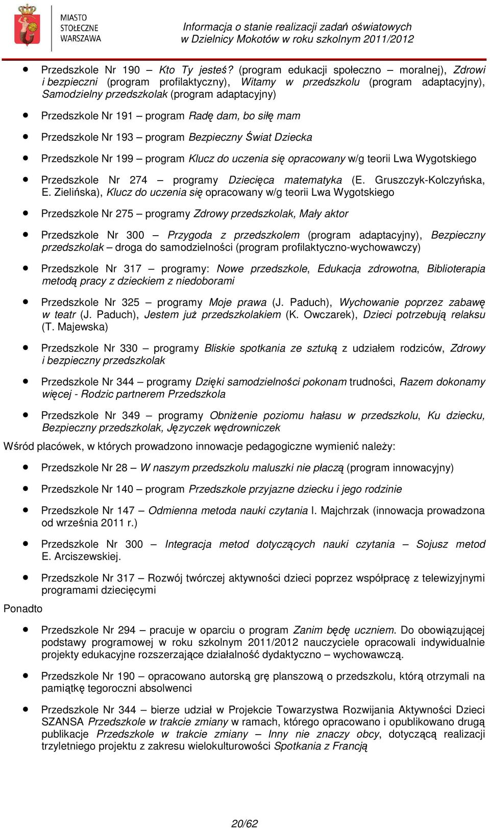 program Radę dam, bo siłę mam Przedszkole Nr 193 program Bezpieczny Świat Dziecka Przedszkole Nr 199 program Klucz do uczenia się opracowany w/g teorii Lwa Wygotskiego Przedszkole Nr 274 programy
