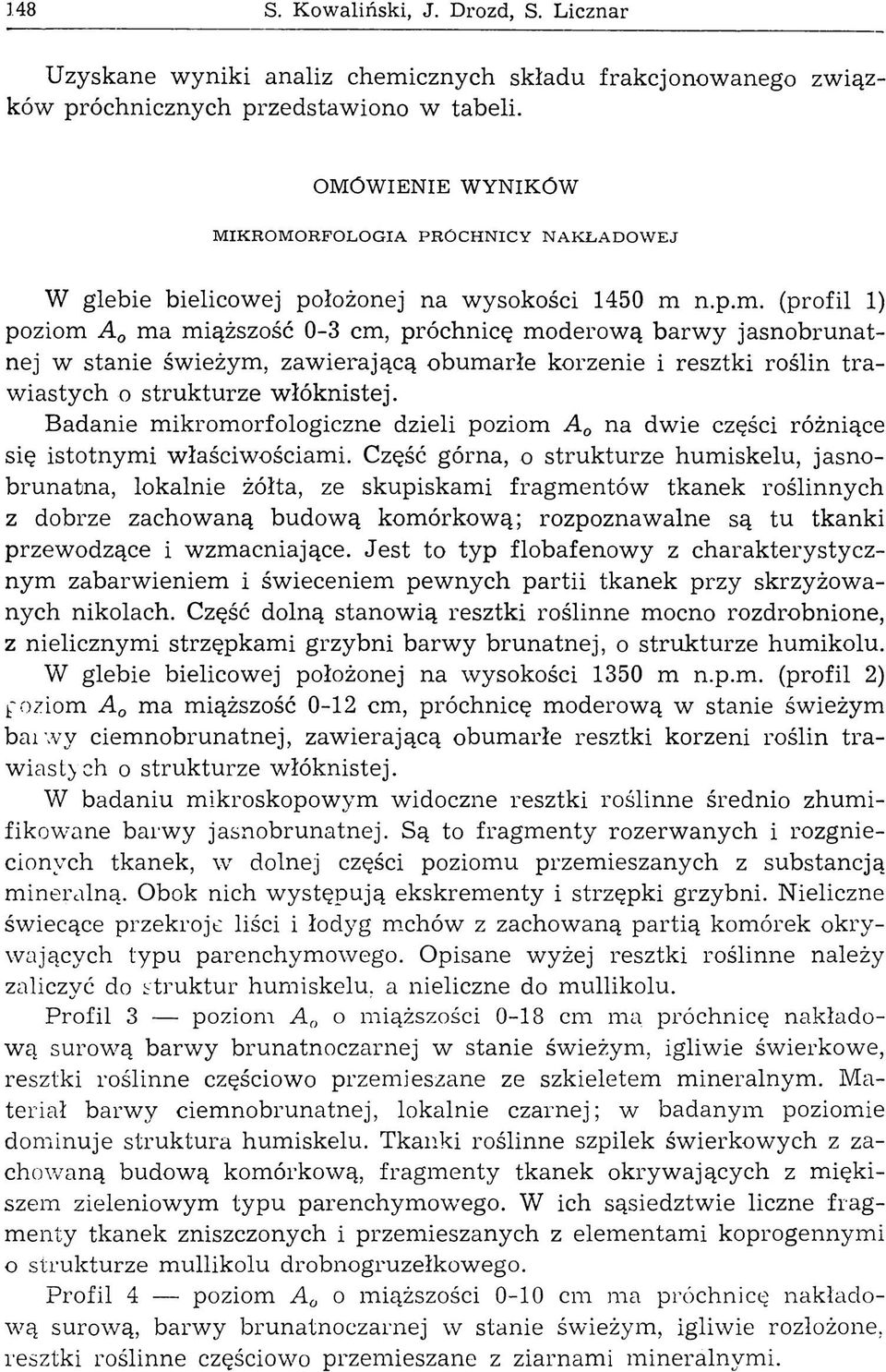 n.p.m. (profil 1) poziom A0 ma miąższość 0-3 cm, próchnicę moderową barw y jasnobrunatnej w stanie świeżym, zaw ierającą obum arłe korzenie i resztki roślin tra wiastych o strukturze włóknistej.