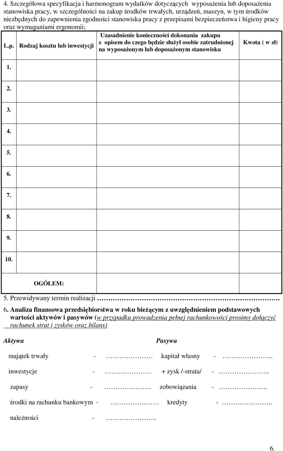 zatrudnionej Kwota ( w zł) L.p. Rodzaj kosztu lub inwestycji na wyposażonym lub doposażonym stanowisku 1. 2. 3. 4. 5. 6.