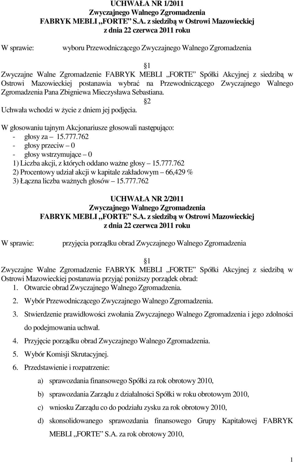 Stwierdzenie prawidłowości zwołania i jego zdolności do podejmowania uchwał. 4. Przyjęcie porządku obrad. 5. Wybór Komisji Skrutacyjnej. 6.