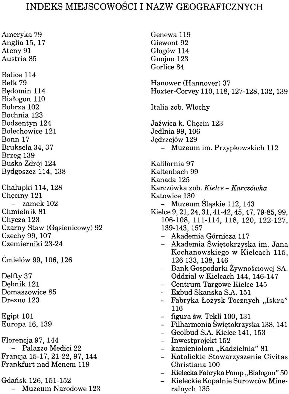 99, 106, 126 Delfty 37 Dębnik 121 Domaszowice 85 Drezno 123 Egipt 101 Europa 16, 139 Florencja 97, 144 - Palazzo Medici 22 Francja 15-17, 21-22, 97, 144 Frankfurt nad Menem 119 Gdańsk 126, 151-152 -