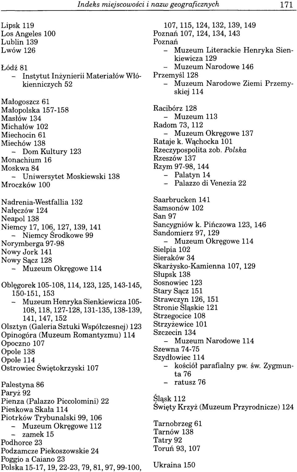 - Niemcy Środkowe 99 Norymberga 97-98 Nowy Jork 141 Nowy Sącz 128 - Muzeum Okręgowe 114 Oblęgorek 105-108,114,123,125,143-145, 150-151, 153 - Muzeum Henryka Sienkiewicza