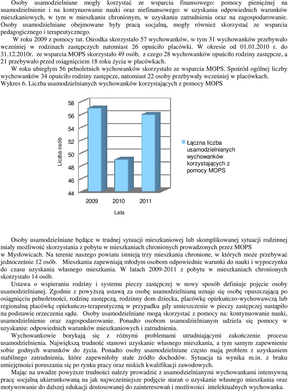 Osoby usamodzielniane obejmowane były pracą socjalną, mogły równieŝ skorzystać ze wsparcia pedagogicznego i terapeutycznego. W roku 2009 z pomocy tut.