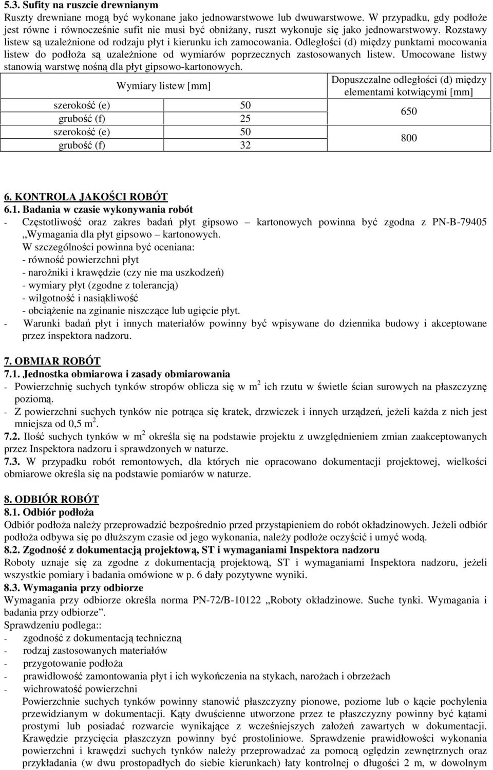 Odległości (d) między punktami mocowania listew do podłoŝa są uzaleŝnione od wymiarów poprzecznych zastosowanych listew. Umocowane listwy stanowią warstwę nośną dla płyt gipsowo-kartonowych.