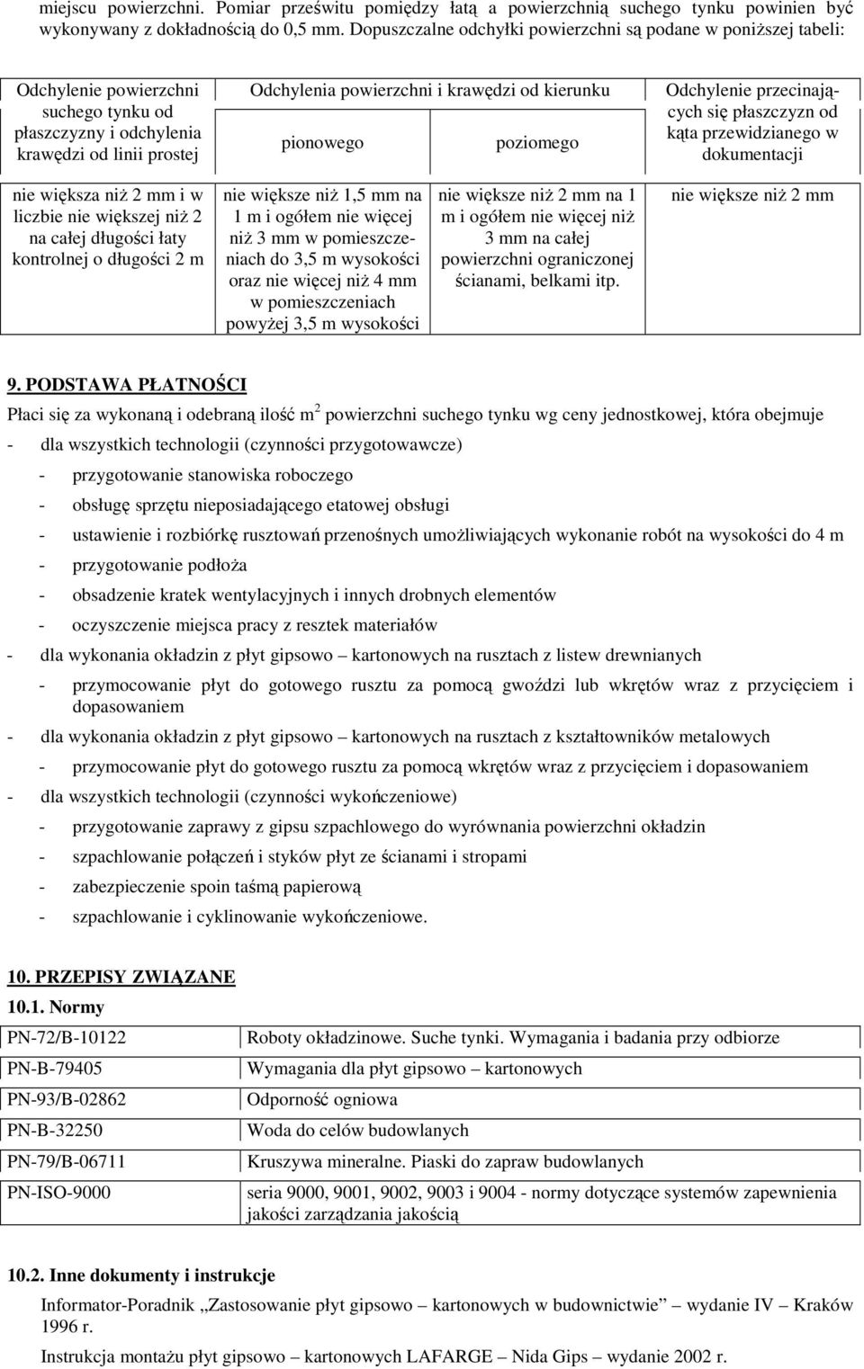 kierunku pionowego poziomego Odchylenie przecinających się płaszczyzn od kąta przewidzianego w dokumentacji nie większa niŝ 2 mm i w liczbie nie większej niŝ 2 na całej długości łaty kontrolnej o