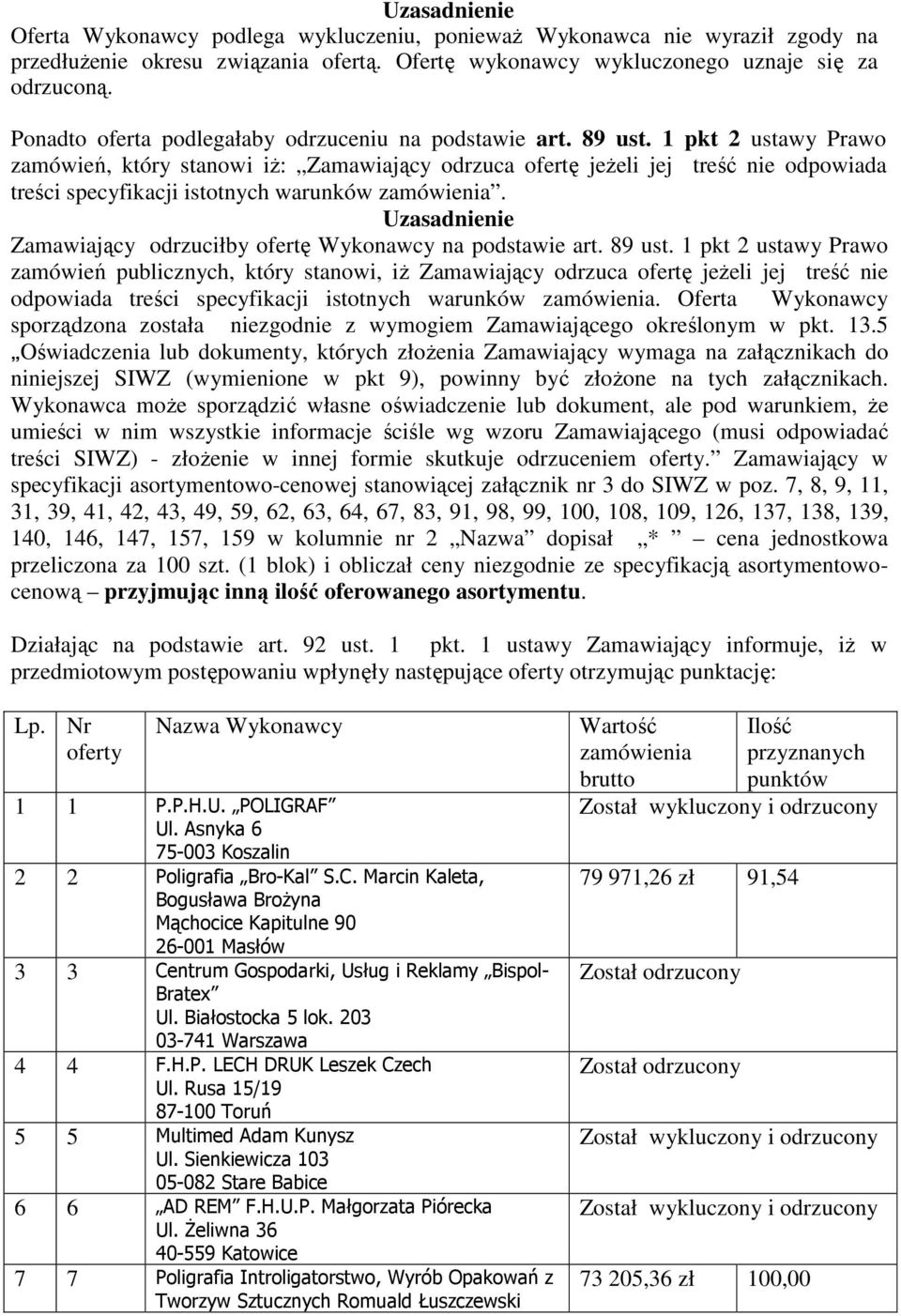 1 pkt 2 ustawy Prawo zamówień, który stanowi iż: Zamawiający odrzuca ofertę jeżeli jej treść nie odpowiada treści specyfikacji istotnych warunków zamówienia.