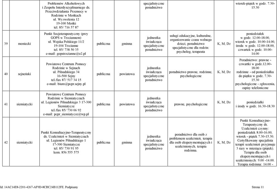 pl usługi edukacyjne, kulturalne, organizowanie czasu wolnego dzieci, dla rodzin: psycholog, terapeuta poniedziałek w godz. 12.00-18.00, wtorek w godz. 10.00-14.00, środa w godz. 12.00-18.00, czwartek w godz.